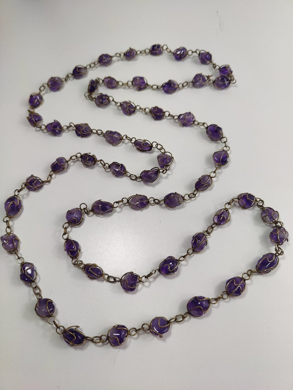 Long Wire Wrapped Amethyst Necklace 56" Purple Gemstone Bead Artisan Boho